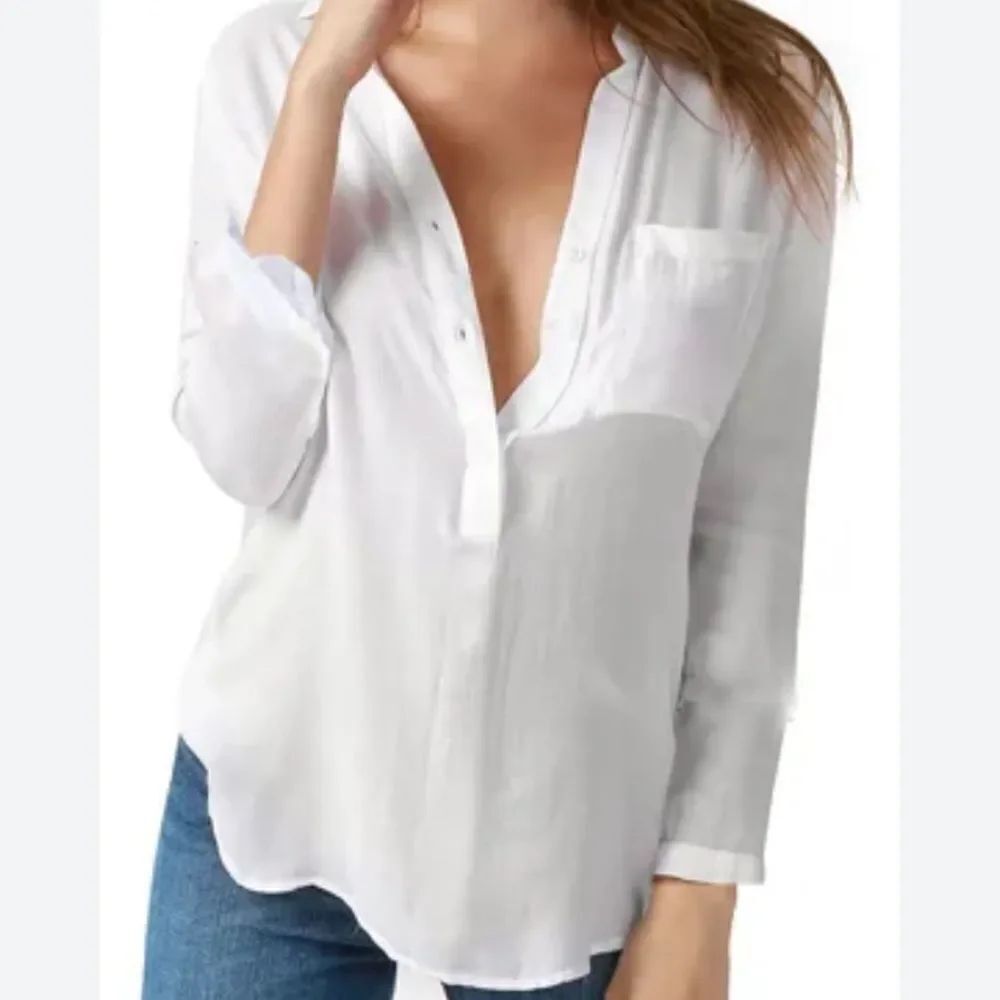 Cloth & Stone White Long Sleeve V-neck Button Down Shirt in Size Small